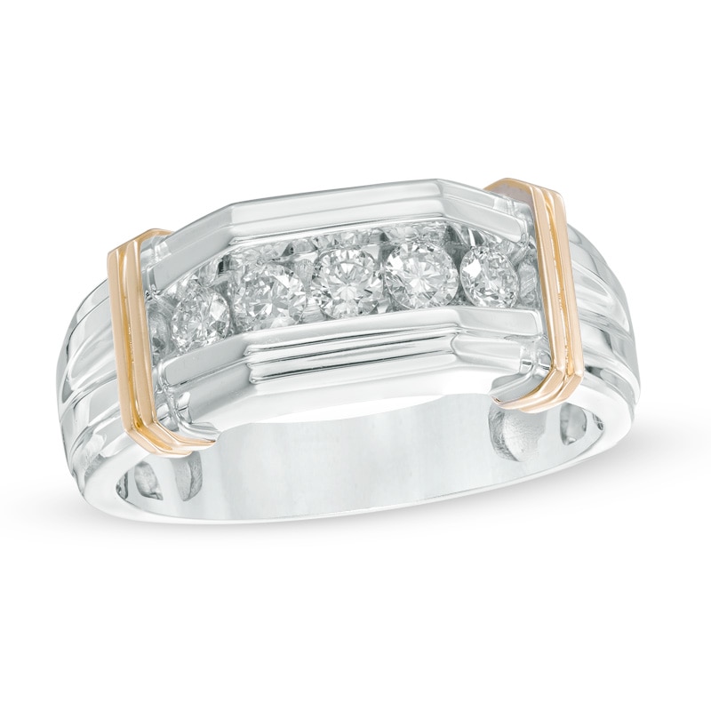 Main Image 1 of Previously Owned - Men's 1/2 CT. T.W. Diamond Five Stone Comfort Fit Anniversary Band in 10K Two-Tone Gold
