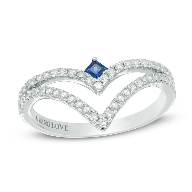 Previously Owned - Vera Wang Love Collection 1/3 CT. T.W. Diamond and Blue Sapphire Chevron Ring in 14K White Gold