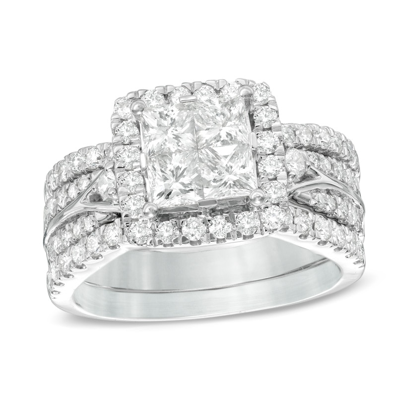 Main Image 1 of Previously Owned - 2 CT. T.W. Princess-Cut Quad Diamond Frame Three Piece Bridal Set in 14K White Gold