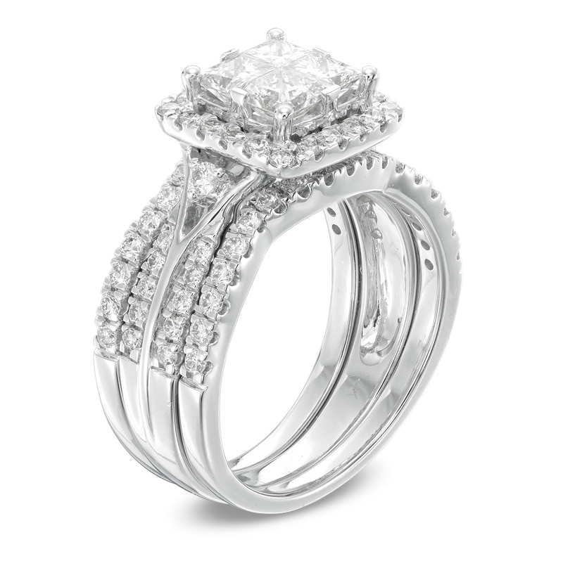 Main Image 2 of Previously Owned - 2 CT. T.W. Princess-Cut Quad Diamond Frame Three Piece Bridal Set in 14K White Gold