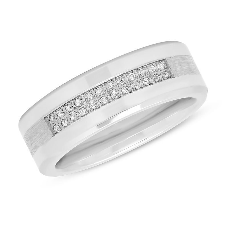 Previously Owned - Men's 1/8 CT. T.W. Diamond Two Row Wedding Band in Stainless Steel and Cobalt