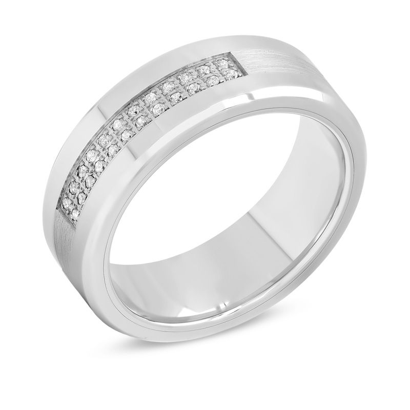 Previously Owned - Men's 1/8 CT. T.W. Diamond Two Row Wedding Band in Stainless Steel and Cobalt