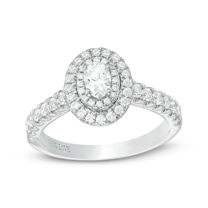 Main Image 1 of Previously Owned - Vera Wang Love Collection 3/4 CT. T.W. Oval Diamond Frame Tiered Engagement Ring in 14K White Gold