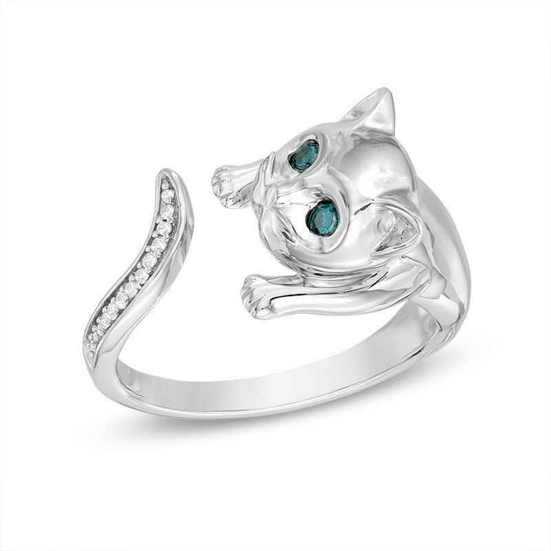 Main Image 1 of Previously Owned - Enhanced Blue and White Diamond Accent Cat Open Ring in Sterling Silver