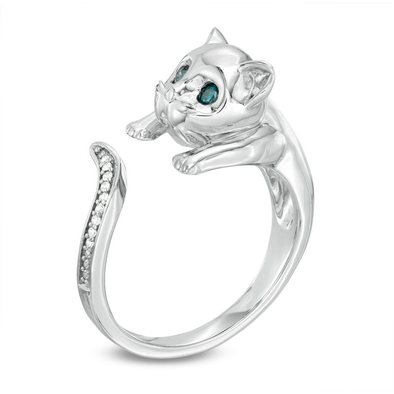 Main Image 2 of Previously Owned - Enhanced Blue and White Diamond Accent Cat Open Ring in Sterling Silver