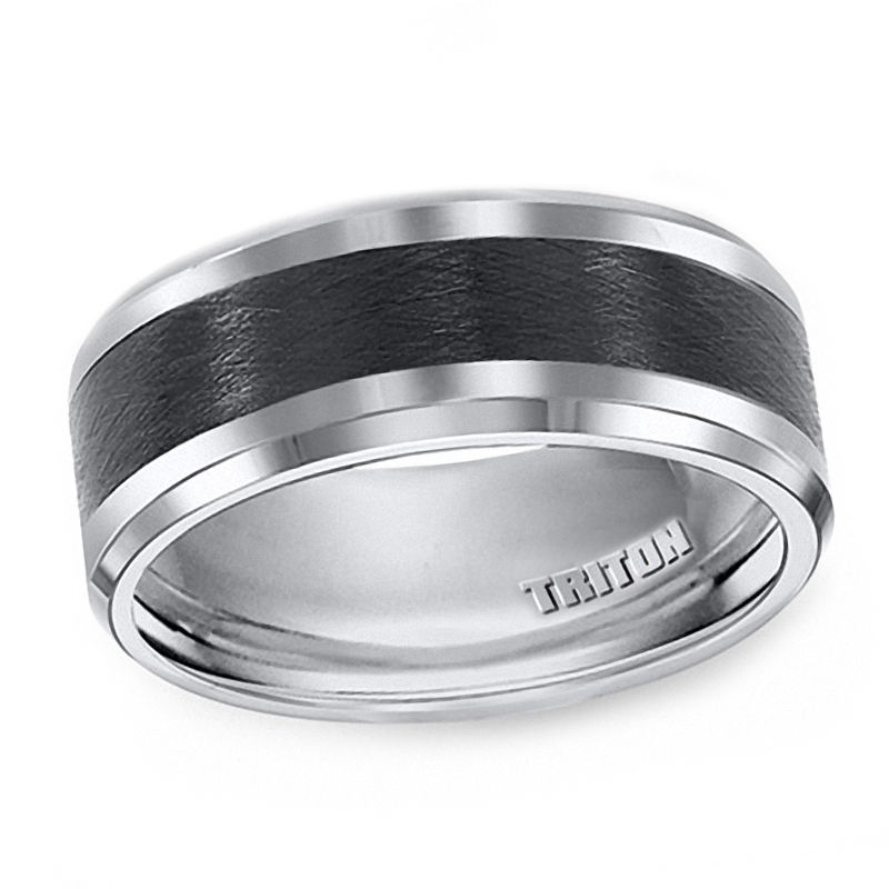 Main Image 1 of Previously Owned - Triton 9.0mm Comfort-Fit Black Ceramic Inlay Wedding Band in Tungsten