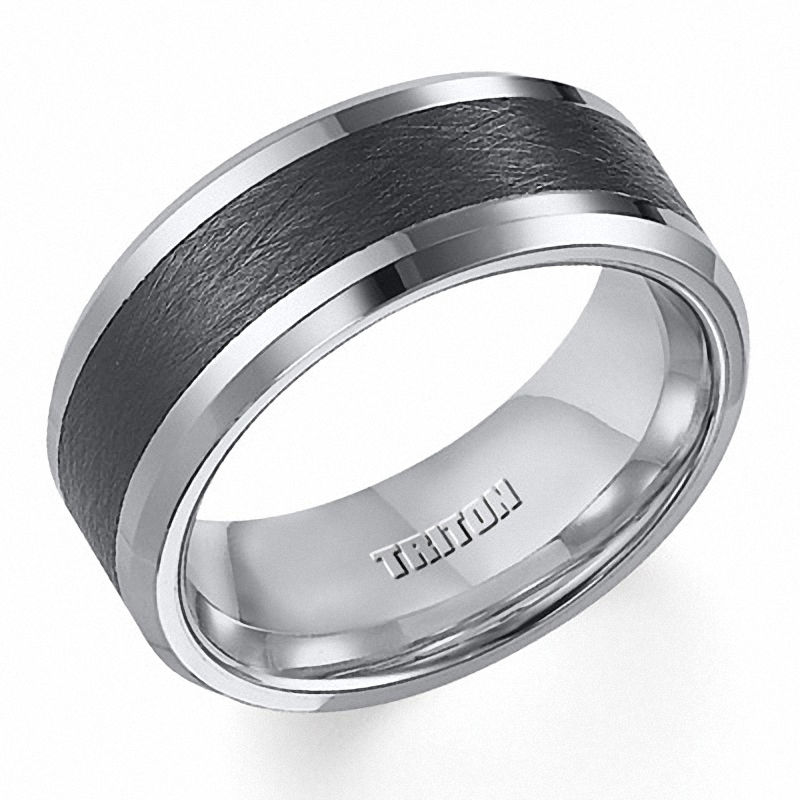 Main Image 2 of Previously Owned - Triton 9.0mm Comfort-Fit Black Ceramic Inlay Wedding Band in Tungsten