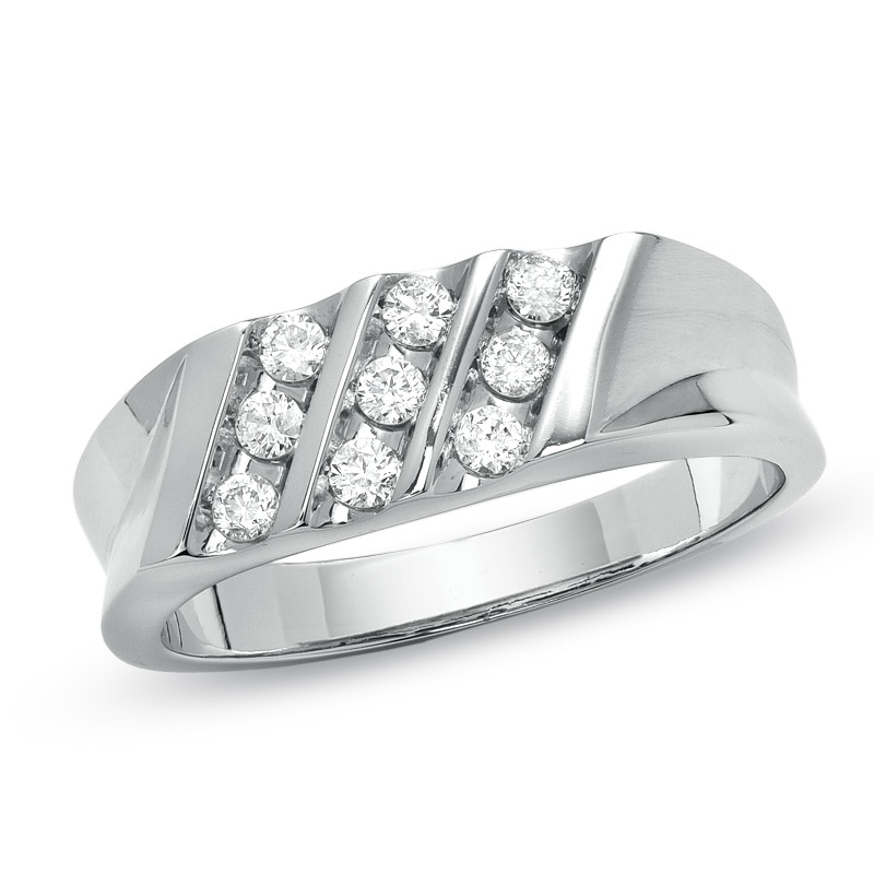 Main Image 1 of Previously Owned - Men's 3/8 CT. T.W. Diamond Three Row Diagonal Ring in 10K White Gold