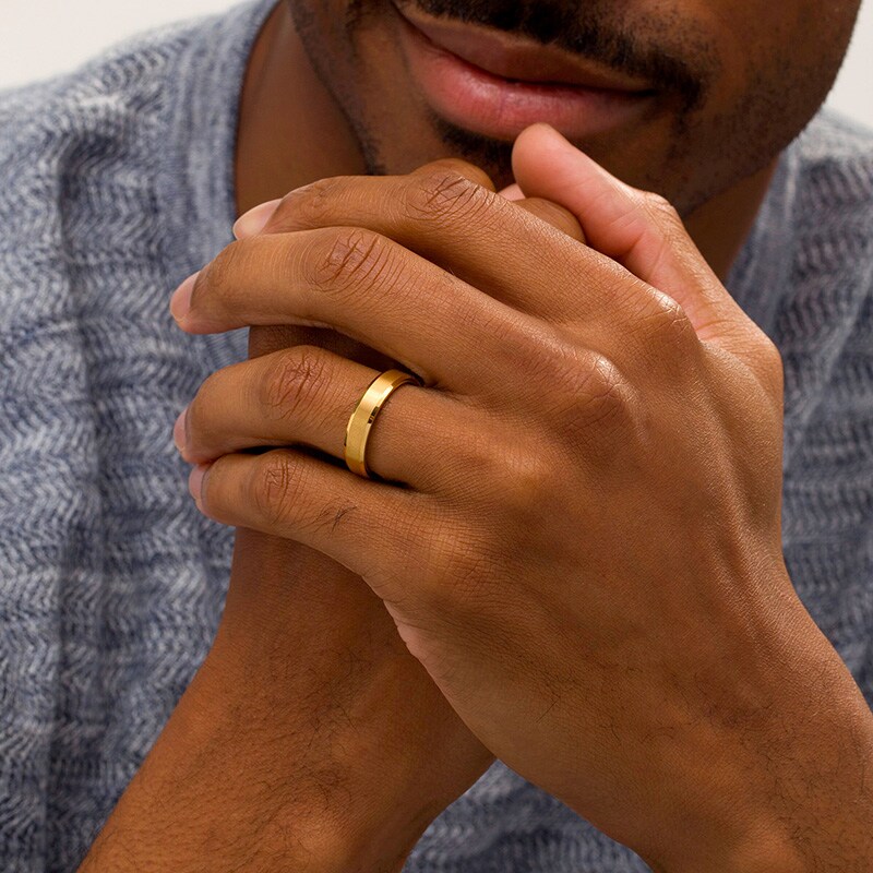 Main Image 2 of Previously Owned - 5.0mm Multi-Finish Bevelled-Edge Comfort-Fit Wedding Band in Tungsten with Yellow IP
