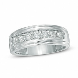 Previously Owned - Men's 3/4 CT. T.W. Diamond Seven Stone Step Edge Anniversary Band in 10K White Gold