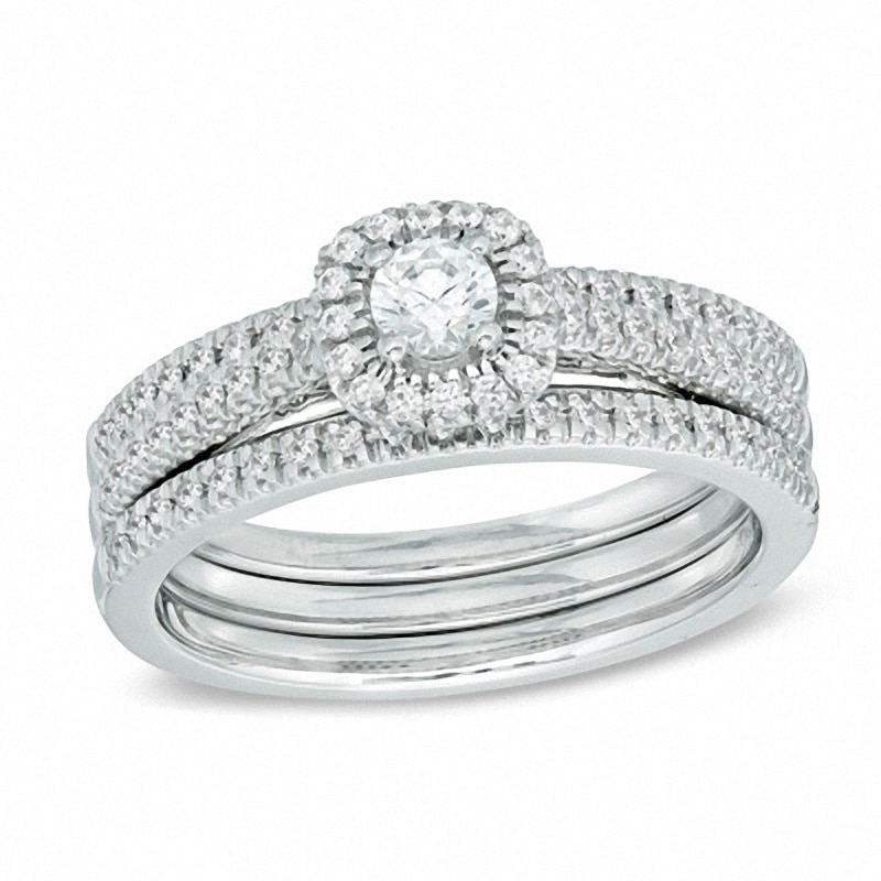 Main Image 1 of Previously Owned - 1/2 CT. T.W. Diamond Frame Three Piece Bridal Set in 14K White Gold