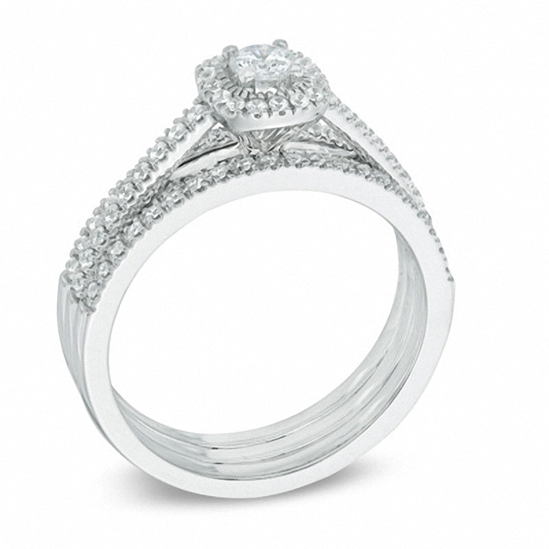 Main Image 2 of Previously Owned - 1/2 CT. T.W. Diamond Frame Three Piece Bridal Set in 14K White Gold