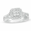 Thumbnail Image 0 of Previously Owned - 3/8 CT. T.W. Quad Diamond Double Square Frame Crossover Shank Engagement Ring in 10K White Gold