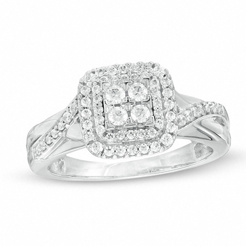 Main Image 1 of Previously Owned - 3/8 CT. T.W. Quad Diamond Double Square Frame Crossover Shank Engagement Ring in 10K White Gold