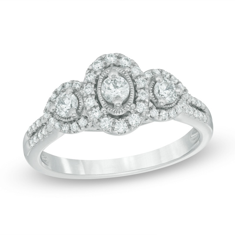 Main Image 1 of Previously Owned - Past Present Future® 1/2 CT. T.W. Diamond Double Frame Engagement Ring in 14K White Gold