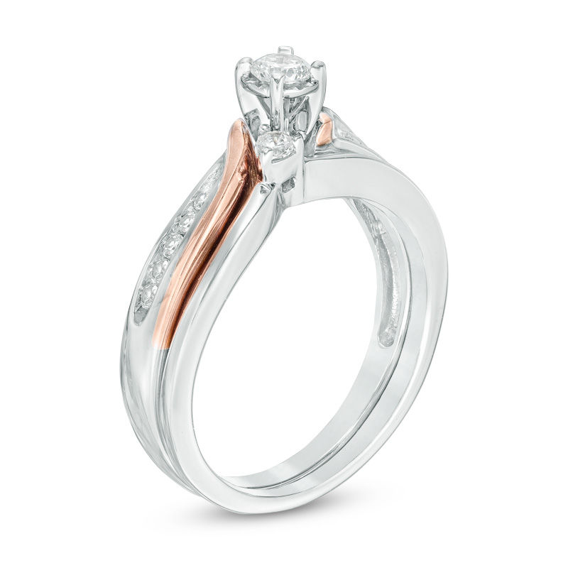 Main Image 2 of Previously Owned - 1/3 CT. T.W. Diamond Three Stone Slant Bridal Set in 10K Two-Tone Gold