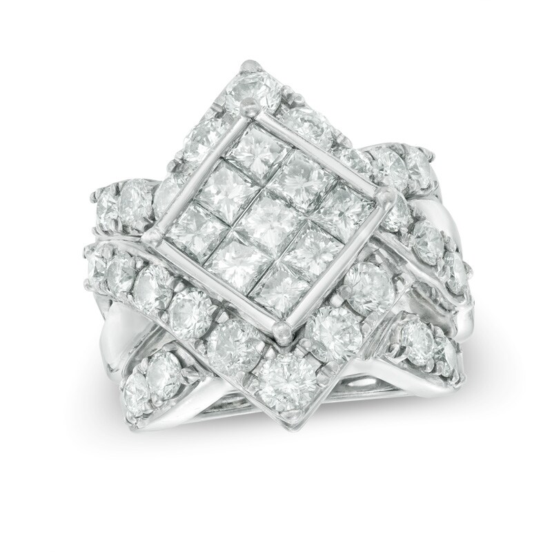 Main Image 1 of Previously Owned - 5 CT. T.W. Princess-Cut Composite Diamond Square Frame Crossover Bridal Set in 14K White Gold