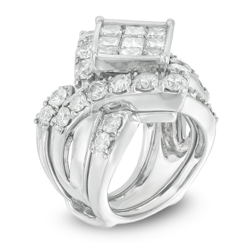 Main Image 2 of Previously Owned - 5 CT. T.W. Princess-Cut Composite Diamond Square Frame Crossover Bridal Set in 14K White Gold