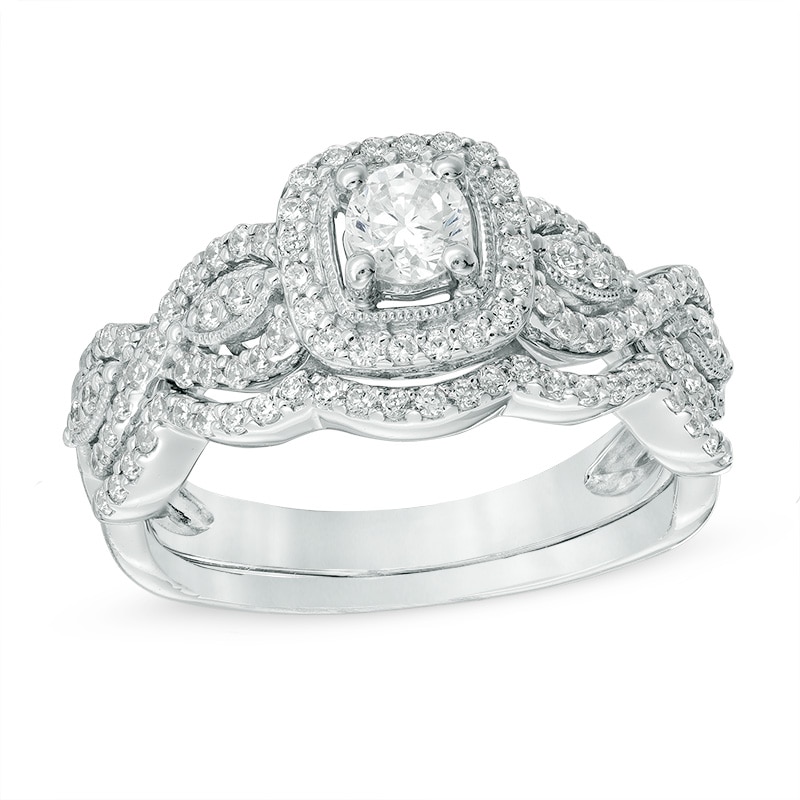 Previously Owned - 3/4 CT. T.W. Diamond Square Frame Vintage-Style Bridal Set in 10K White Gold