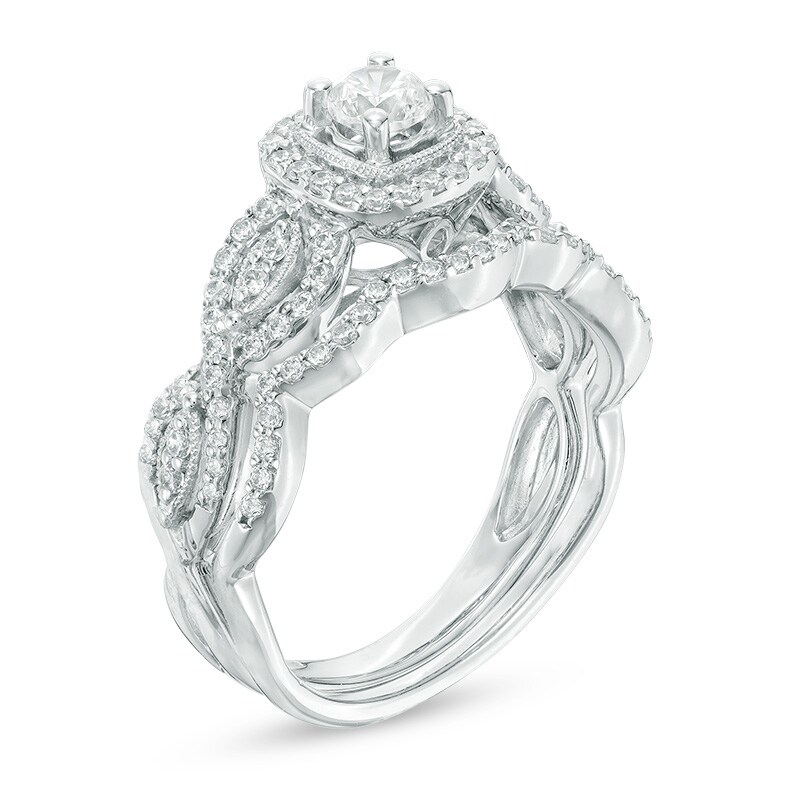 Previously Owned - 3/4 CT. T.W. Diamond Square Frame Vintage-Style Bridal Set in 10K White Gold