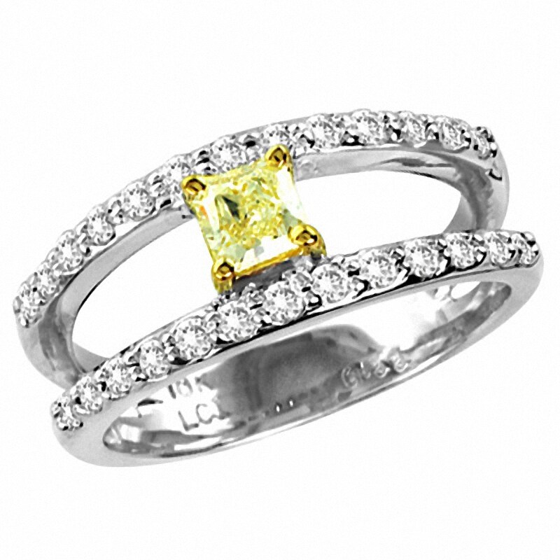 Main Image 1 of Previously Owned - 3/4 CT. T.W. Radiant-Cut Natural Fancy Yellow and White Diamond Orbit Band in 18K White Gold (SI2)