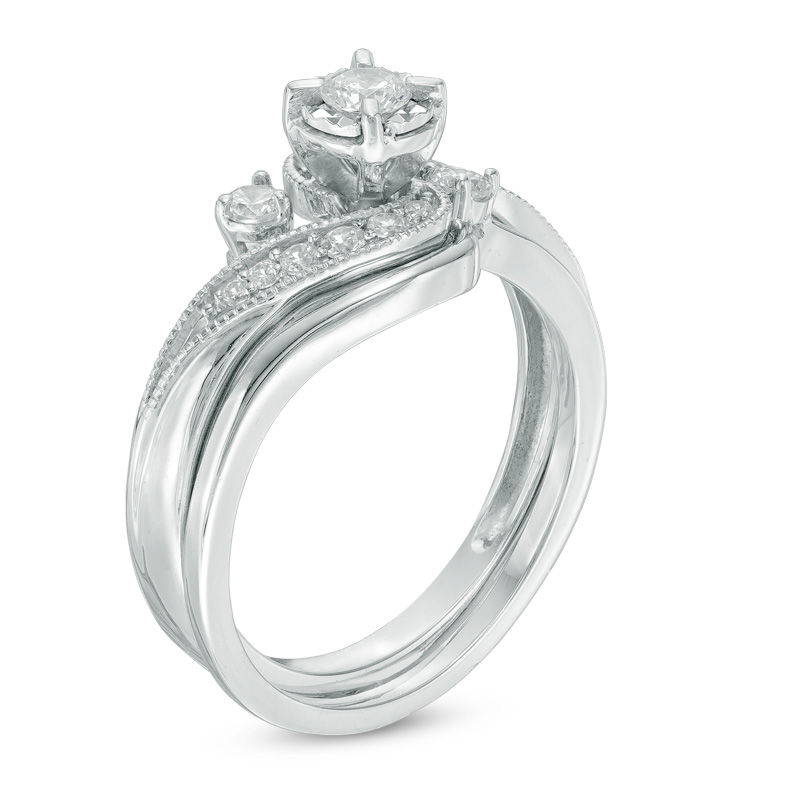 Main Image 2 of Previously Owned - 3/8 CT. T.W. Slant Three Stone Bridal Set in 10K White Gold