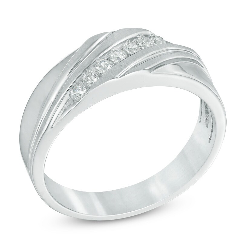 Main Image 2 of Previously Owned - Men's 1/4 CT. T.W. Diamond Seven Stone Slant Anniversary Band in 10K White Gold
