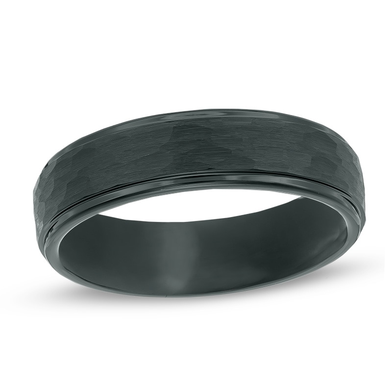 Main Image 1 of Previously Owned - Triton 6.0mm Comfort-Fit Hammered and Satin center Wedding Band in Black Tungsten