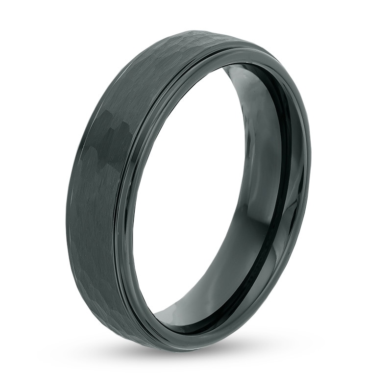 Main Image 2 of Previously Owned - Triton 6.0mm Comfort-Fit Hammered and Satin center Wedding Band in Black Tungsten