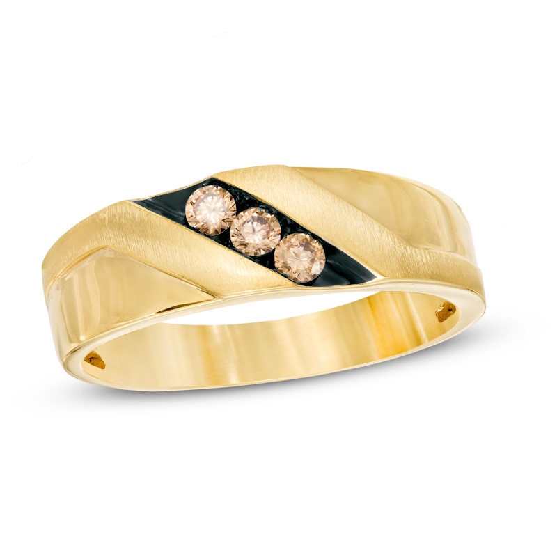 Main Image 1 of Previously Owned - 1/5 CT. T.W. Champagne Diamond Three Stone Wedding Band in 10K Gold with Black Rhodium