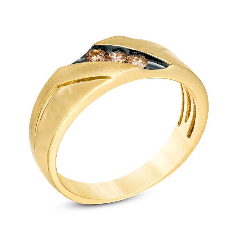 Main Image 2 of Previously Owned - 1/5 CT. T.W. Champagne Diamond Three Stone Wedding Band in 10K Gold with Black Rhodium
