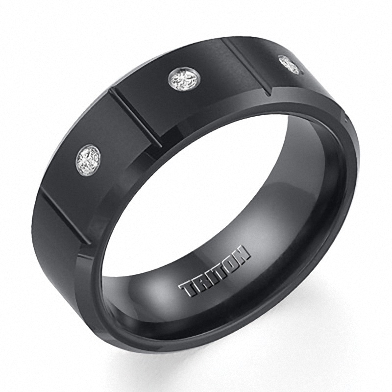 Previously Owned - Triton Men's 1/10 CT. T.W. Diamond Three Stone Comfort Fit Black Tungsten Wedding Band