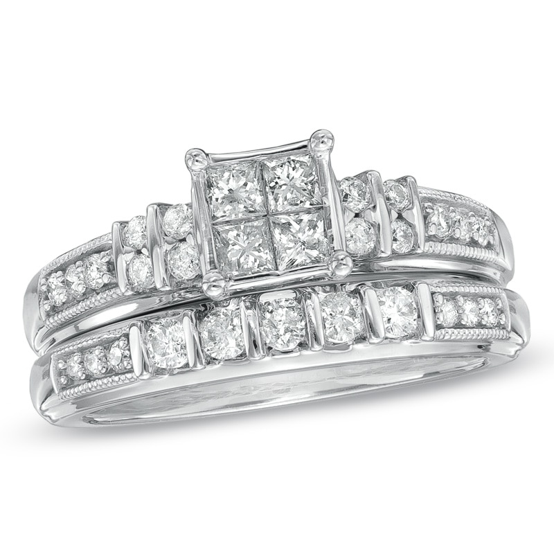 Main Image 1 of Previously Owned - 3/4 CT. T.W. Quad Princess-Cut Diamond Bridal Set in 10K White Gold