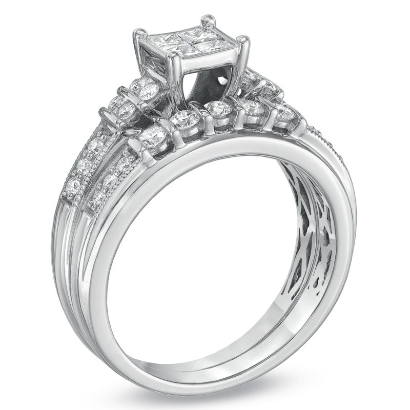 Main Image 2 of Previously Owned - 3/4 CT. T.W. Quad Princess-Cut Diamond Bridal Set in 10K White Gold