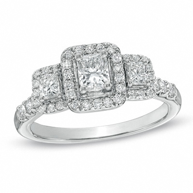 Main Image 1 of Previously Owned - 1 CT. T.W. Radiant-Cut Diamond Three Stone Ring in 14K White Gold (I/I1)