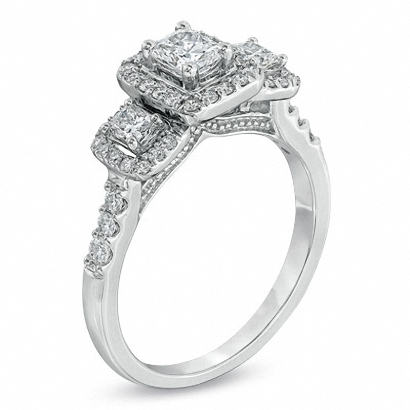 Main Image 2 of Previously Owned - 1 CT. T.W. Radiant-Cut Diamond Three Stone Ring in 14K White Gold (I/I1)
