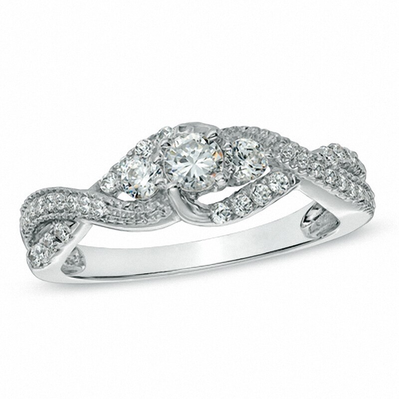 Main Image 1 of Previously Owned - 5/8 CT. T.W. Diamond Three Stone Twist Ring in 10K White Gold