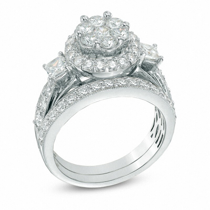 Main Image 2 of Previously Owned - 2 CT. T.W. Diamond Cluster Frame Bridal Set in 14K White Gold