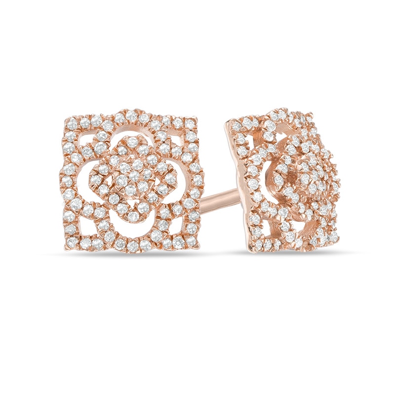 Previously Owned - 3/8 CT. T.W. Diamond Clover Square Stud Earrings in 10K Rose Gold