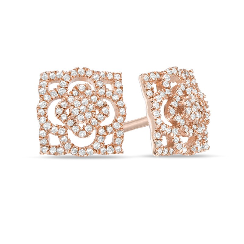 Main Image 1 of Previously Owned - 3/8 CT. T.W. Diamond Clover Square Stud Earrings in 10K Rose Gold