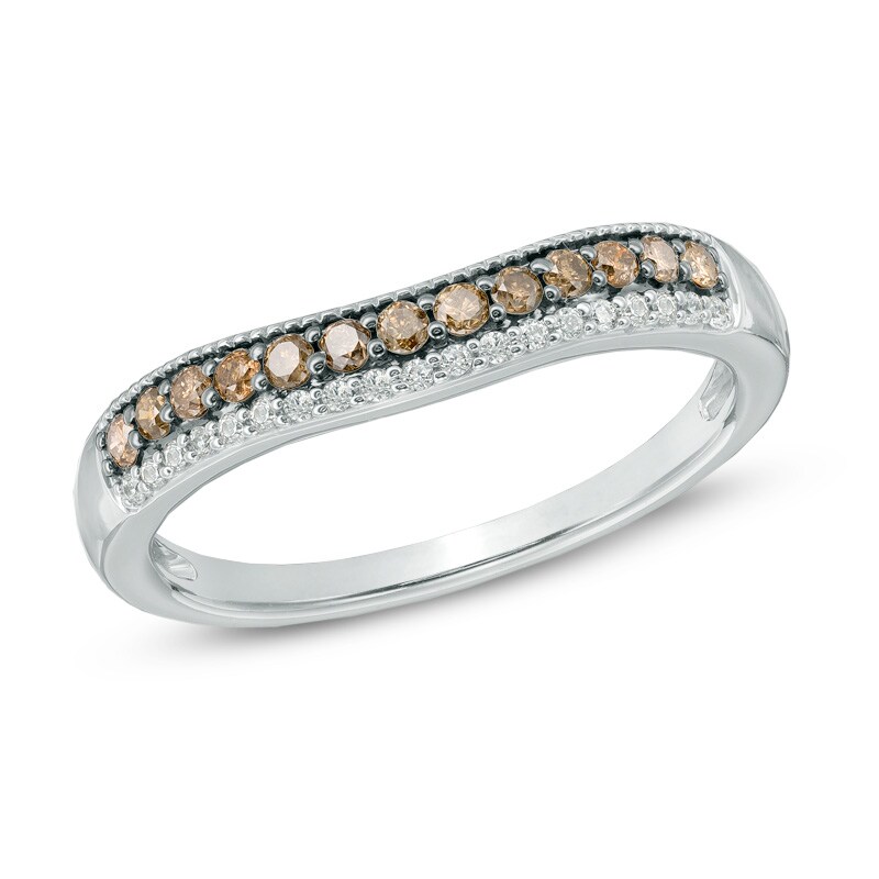 Main Image 1 of Previously Owned - 1/4 CT. T.W. Champagne and White Diamond Contour Wedding Band in 14K White Gold