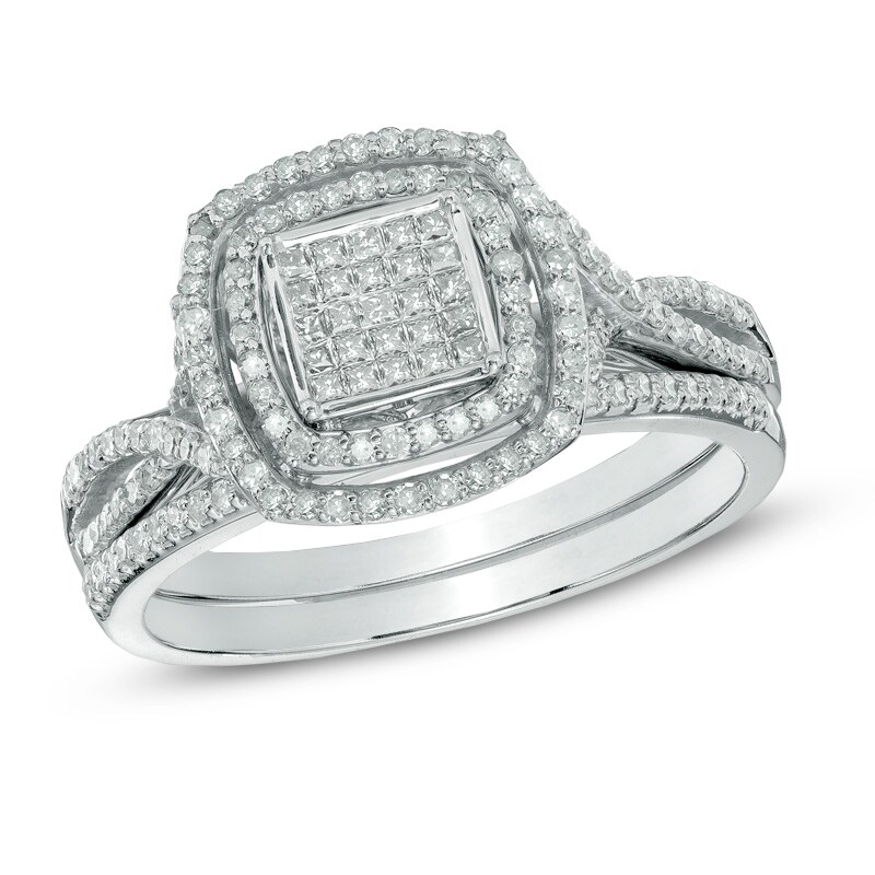 Main Image 1 of Previously Owned - 1/2 CT. T.W. Diamond Square Composite Frame Bridal Set in 10K White Gold