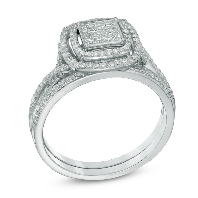 Main Image 2 of Previously Owned - 1/2 CT. T.W. Diamond Square Composite Frame Bridal Set in 10K White Gold