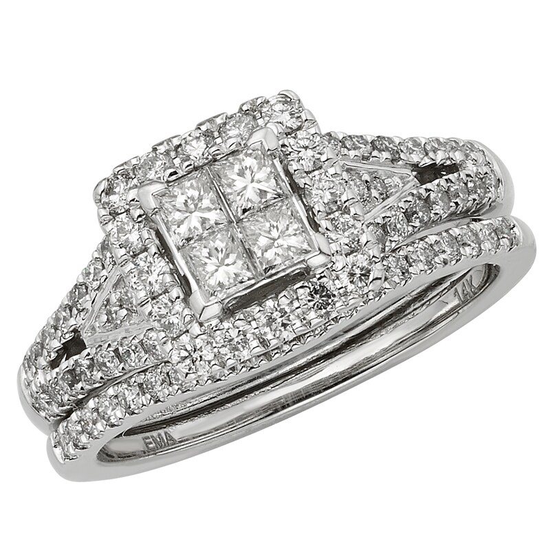 Previously Owned - 1 CT. T.W. Princess-Cut Quad Diamond Split Shank Bridal Set in 14K White Gold (I/I2)