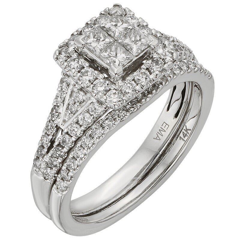 Previously Owned - 1 CT. T.W. Princess-Cut Quad Diamond Split Shank Bridal Set in 14K White Gold (I/I2)