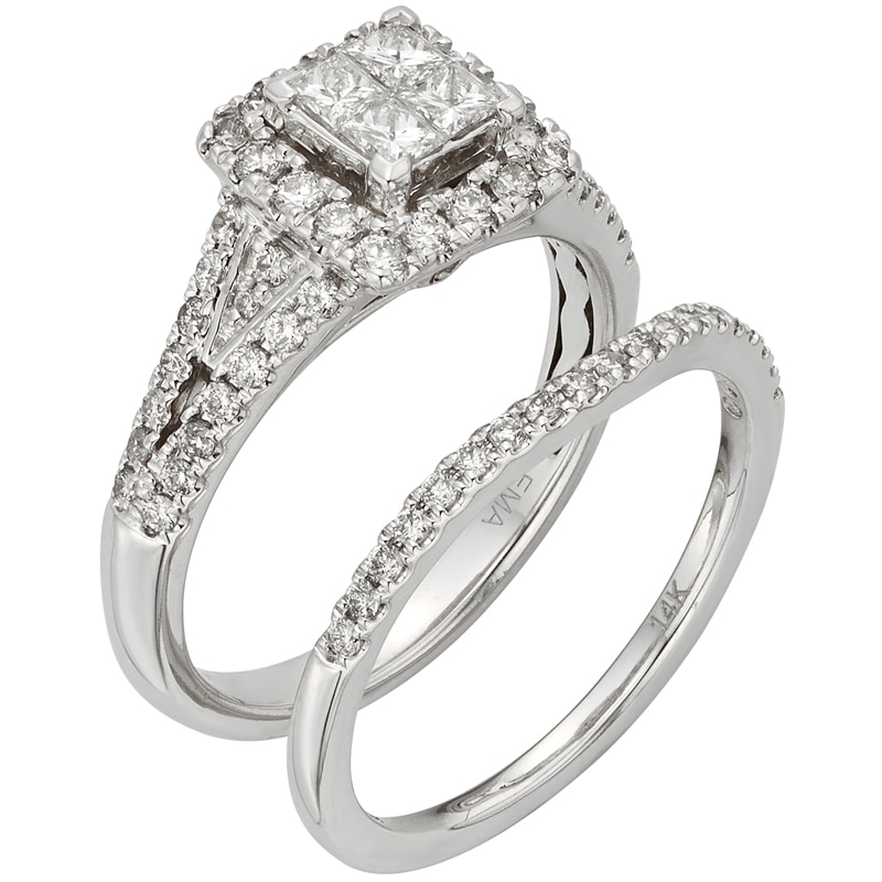 Previously Owned - 1 CT. T.W. Princess-Cut Quad Diamond Split Shank Bridal Set in 14K White Gold (I/I2)