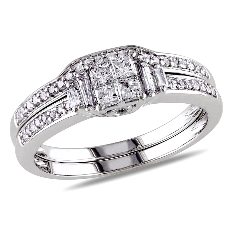 Main Image 1 of Previously Owned - 1/2 CT. T.W. Quad Princess-Cut Diamond Bridal Set in 10K White Gold