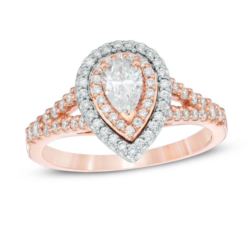 Main Image 1 of Previously Owned - 1 CT. T.W. Pear-Shaped Diamond Double Frame Engagement Ring in 14K Two-Tone Gold