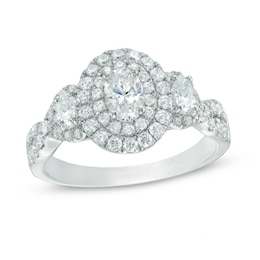 Previously Owned - 1-3/4 CT. T.W. Oval Diamond Past Present Future® Double Frame Engagement Ring in 14K White Gold