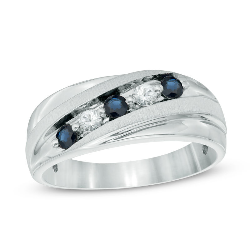 Main Image 1 of Previously Owned - Lab-Created Blue and White Sapphire Five Stone Slant Band in Sterling Silver